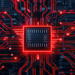 Hardware backdoor: a corrupted chip glowing red on a circuit board, illustrating the hidden hardware backdoor concept behind The Apex Code.