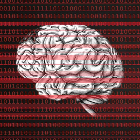 A pencil-style illustration of a human brain overlaid with red digital interference lines, asking what is intelligence when biology and artificial intelligence start to overlap.