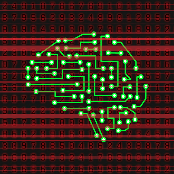 A green circuit-board illustration of a human brain against a background of red binary code, overlaid with red interference lines, representing the different types of machine learning.