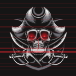 A pirate skull and crossbones overlaid with red interference lines and glowing red eyes, symbolizing a social engineering hack in progress.