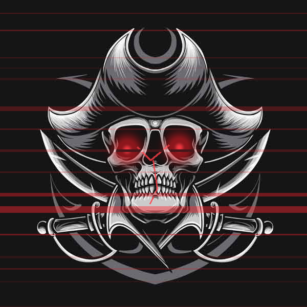 A pirate skull and crossbones overlaid with red interference lines and glowing red eyes, symbolizing a social engineering hack in progress.