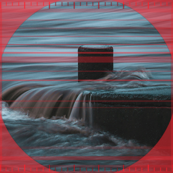 A moody photo of a submarine periscope-like structure breaking the water's surface, overlaid with red interference lines and a periscope viewfinder frame, symbolizing an autonomous submarine.